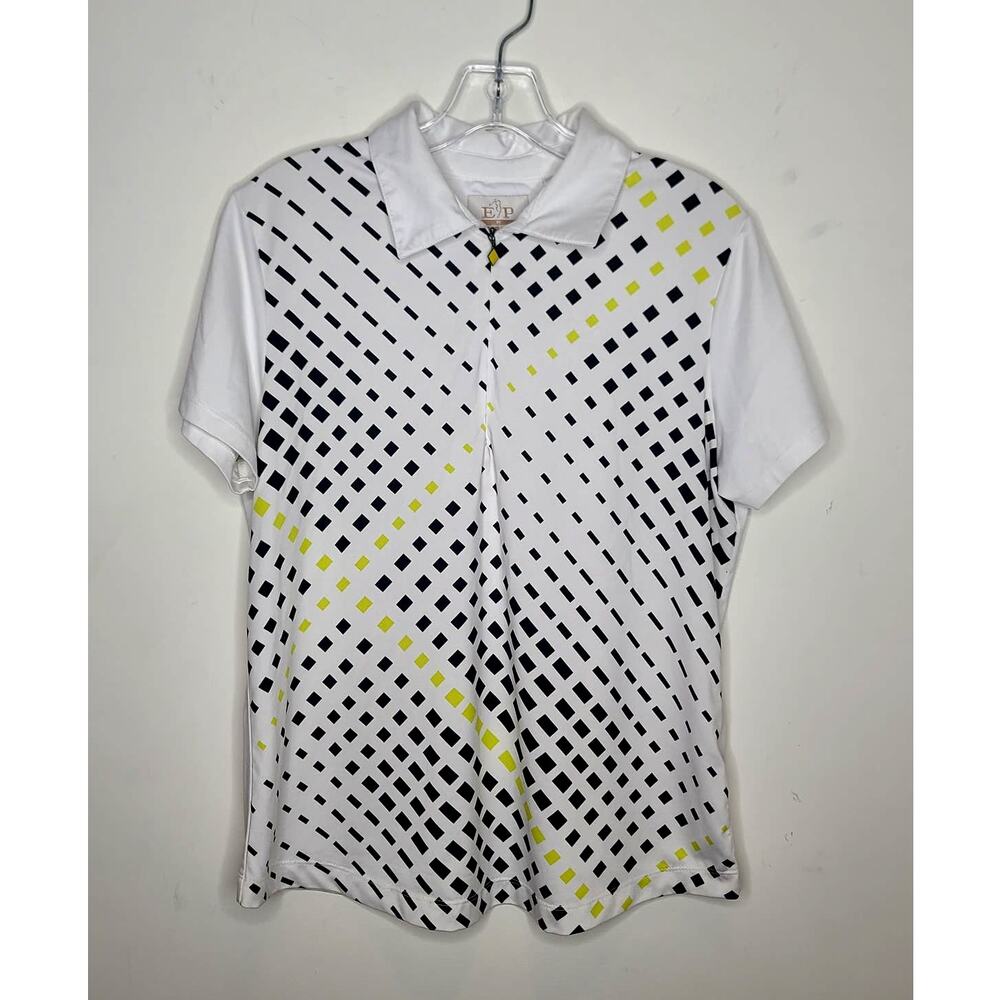 EP Pro white zip front short sleeve polo shirt with black yellow design - large